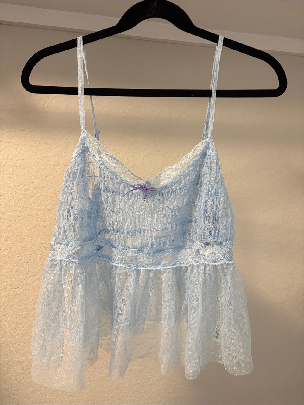 Free People Light Blue Sheer Lace Camisole with Bow Detail